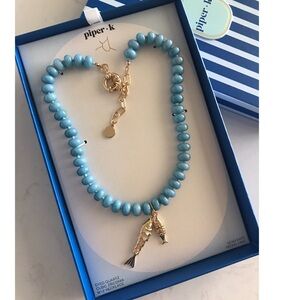 Piper K Blue Dyed Quartz Beaded Necklace with Gold Fish Charms